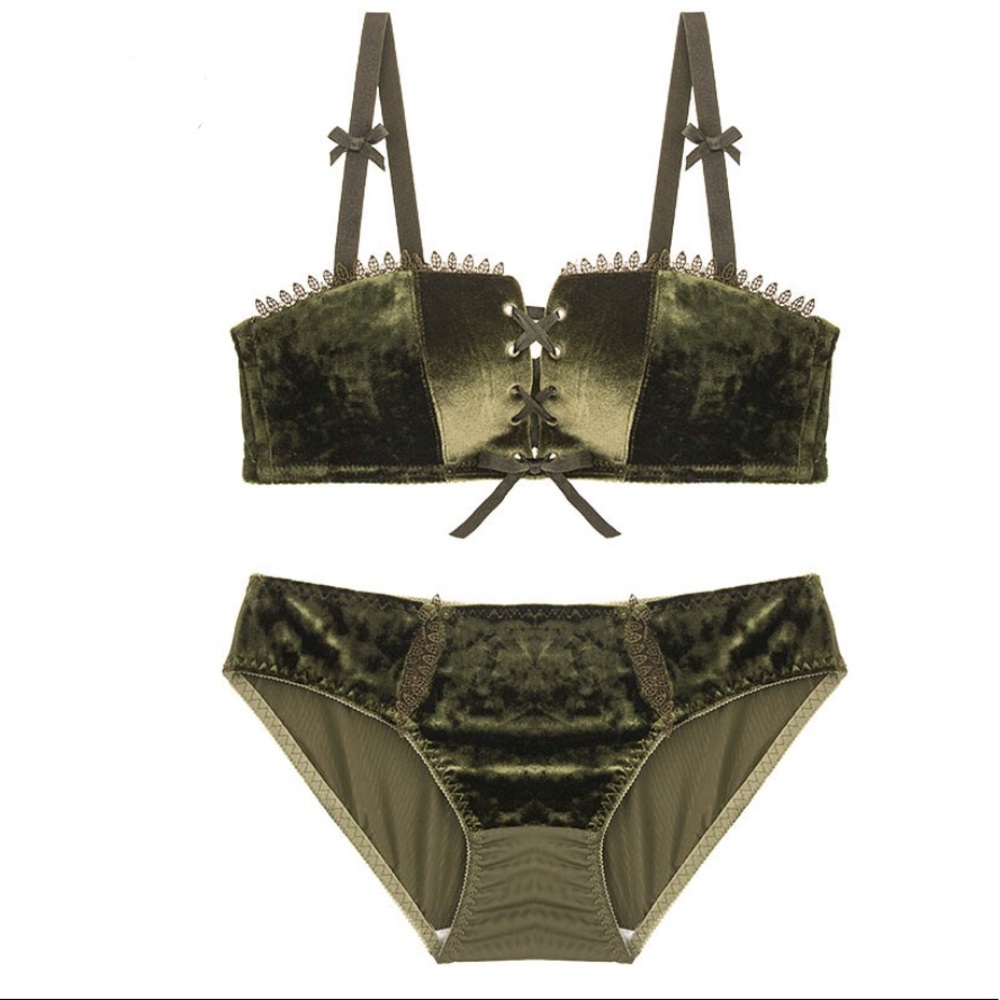 Green velvet corset tie up lingerie bra pantie set